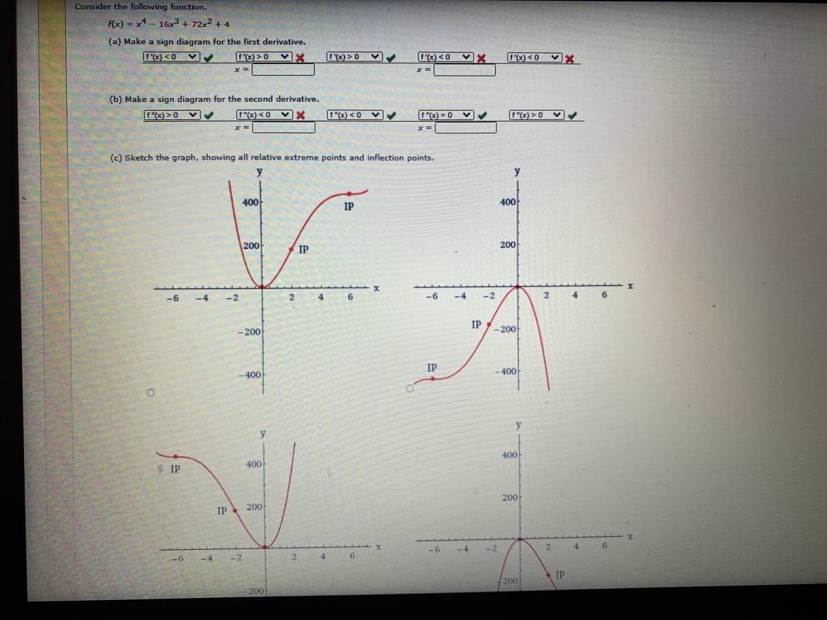 Consider the following function.
F(x) = x* - 16x + 72x2 + 4
(a) Make a sign diagram for the first derivative.
FX) <0
F'(x) > 0 VX
F(x) >0 V
F'(x) < 0
V x
F'(x) < 0 VX
x%3D
(b) Make a sign diagram for the second derivative.
f "(x) >0
F"(x) < 0
VX
F"(x) < 0 Vv
E"(x) = 0 V
F"(x) > 0
V
(c) Sketch the graph, showing all relative extreme points and inflection points.
y
y
400
400
IP
200
200
IP
-6
-4
-2
2
4
-6
-4
-2
2.
4
IP -200
-200
IP
400
-400
y
y
400
9 IP
400
200
IP
200
-6
-4
-2
2.
4 6
-6
-4
-2
4
IP
200
-200
