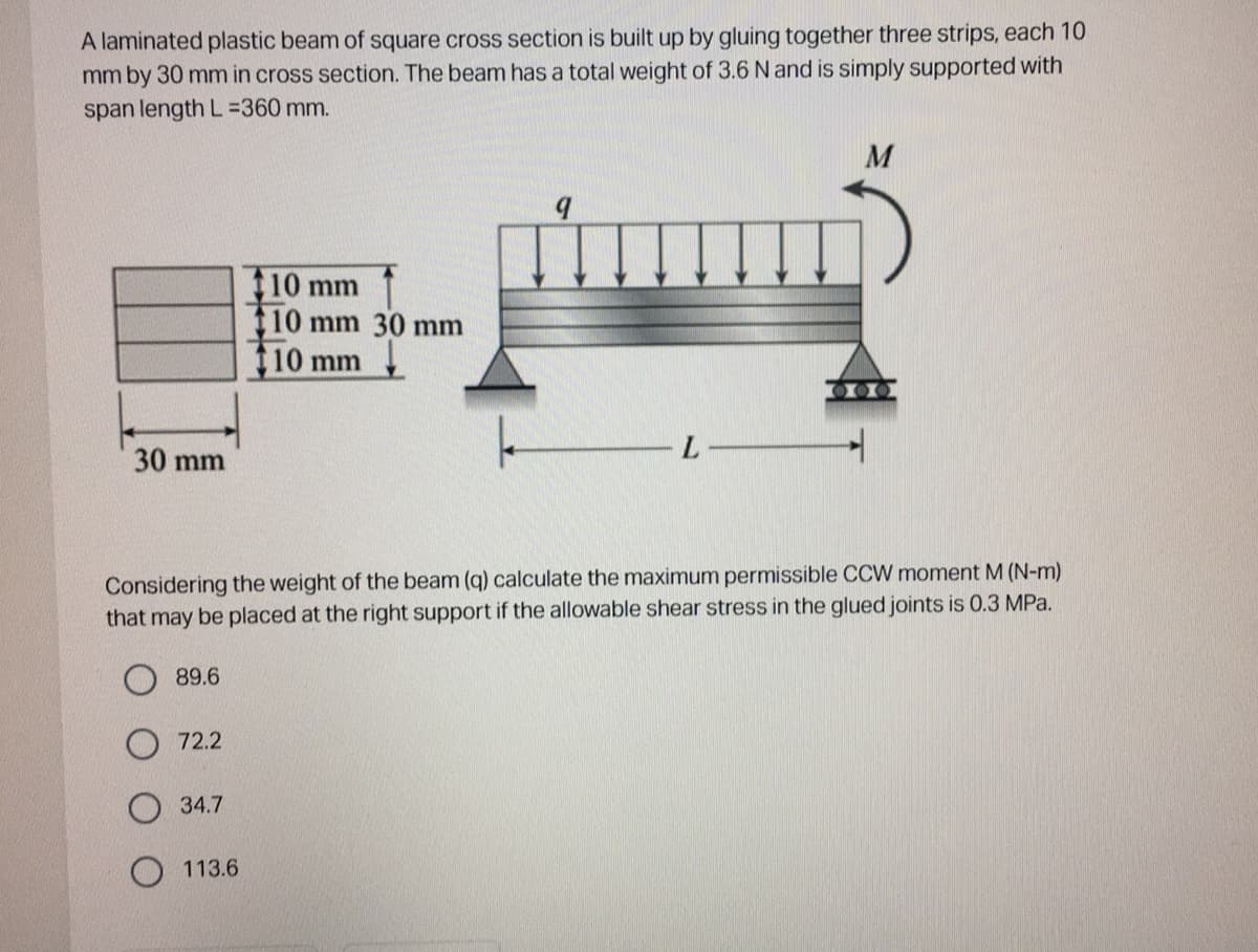 A laminated plastic beam of square cross section is built up by gluing together three strips, each 10
mm by 30 mm in cross section. The beam has a total weight of 3.6 N and is simply supported with
span length L=360 mm.
30 mm
89.6
72.2
34.7
10 mm
$10 mm 30 mm
10 mm
Considering the weight of the beam (q) calculate the maximum permissible CCW moment M (N-m)
that may be placed at the right support if the allowable shear stress in the glued joints is 0.3 MPa.
113.6
9
L-
M