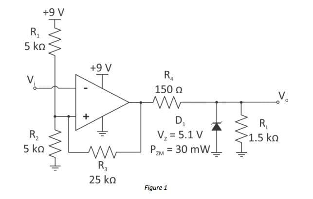 +9 V
R₁
5 ΚΩ
V
R₂
5 ΚΩ
H
WHI
+
+9 V
www
R₂
25 ko
R₂₁
150 Ω
ww
D₁
V₂ = 5.1 V
PZM = 30 mW.
Figure 1
R₁
>1.5 ΚΩ