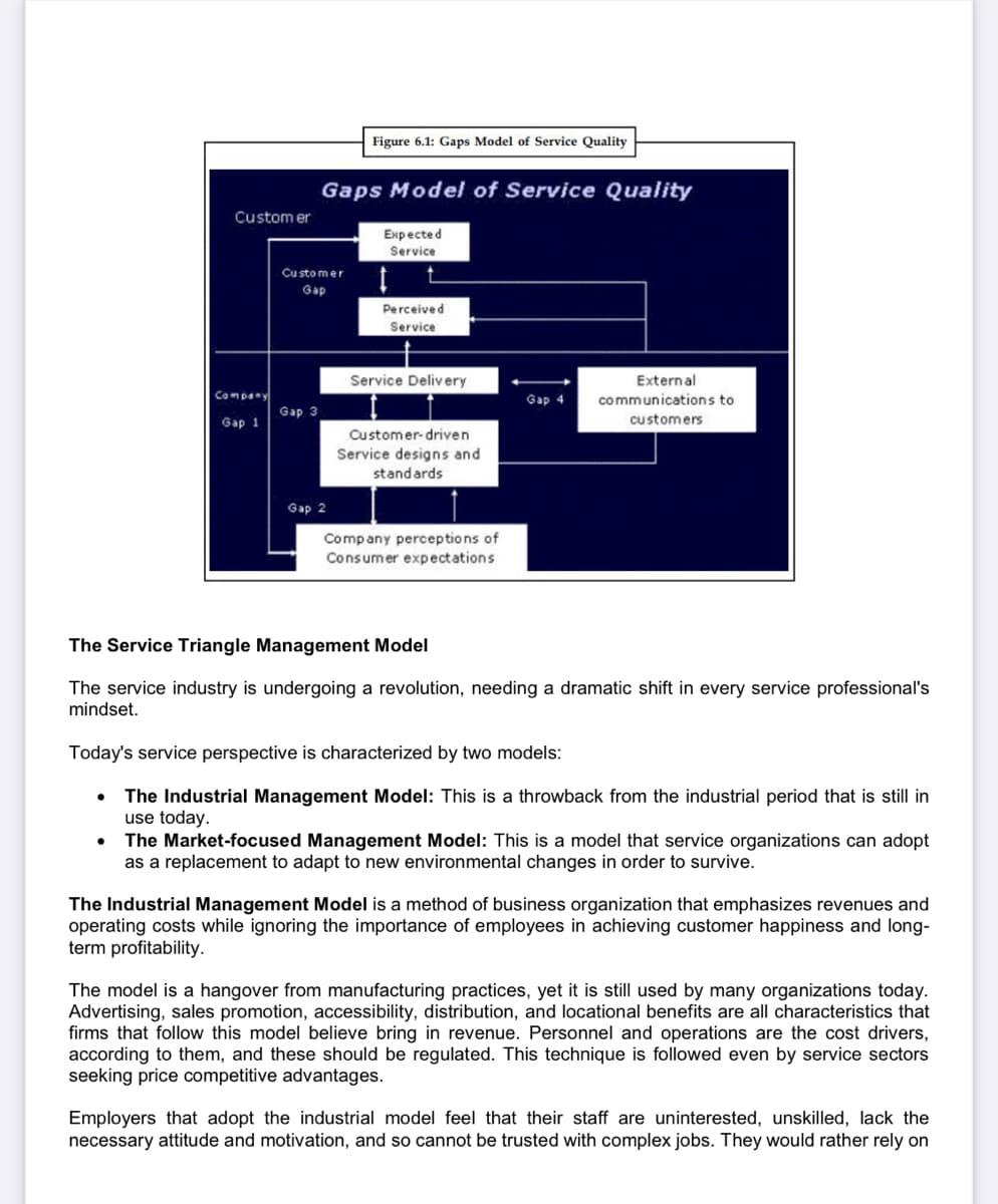 Figure 6.1: Gaps Model of Service Quality
Gaps Model of Service Quality
Custom er
Expected
Service
Cu sto mer
Gap
Perceived
Service
Service Delivery
External
Company
Gap 4
communications to
Gap 3
Gap 1
customers
Customer-driven
Service designs and
standards
Gap 2
Company perceptions of
Consumer expectations
The Service Triangle Management Model
The service industry is undergoing a revolution, needing a dramatic shift in every service professional's
mindset.
Today's service perspective is characterized by two models:
The Industrial Management Model: This is a throwback from the industrial period that is still in
use today.
The Market-focused Management Model: This is a model that service organizations can adopt
as a replacement to adapt to new environmental changes in order to survive.
The Industrial Management Model is a method of business organization that emphasizes revenues and
operating costs while ignoring the importance of employees in achieving customer happiness and long-
term profitability.
The model is a hangover from manufacturing practices, yet it is still used by many organizations today.
Advertising, sales promotion, accessibility, distribution, and locational benefits are all characteristics that
firms that follow this model believe bring in revenue. Personnel and operations are the cost drivers,
according to them, and these should be regulated. This technique is followed even by service sectors
seeking price competitive advantages.
Employers that adopt the industrial model feel that their staff are uninterested, unskilled, lack the
necessary attitude and motivation, and so cannot be trusted with complex jobs. They would rather rely on
