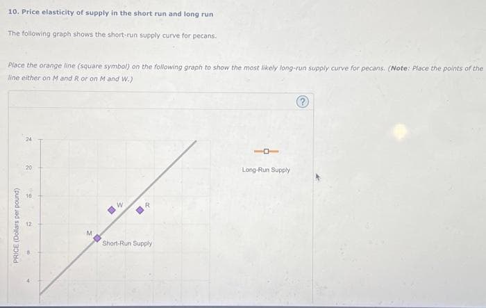 10. Price elasticity of supply in the short run and long run
The following graph shows the short-run supply curve for pecans.
Place the orange line (square symbol) on the following graph to show the most likely long-run supply curve for pecans. (Note: Place the points of the
line either on M and R or on M and W.)
PRICE (Dollars per pound)
2
8
16
12
M
0,
R
Short-Run Supply
1
Long-Run Supply
?