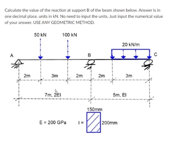 Calculate the value of the reaction at support B of the beam shown below. Answer is in
one decimal place, units in kN. No need to input the units. Just input the numerical value
of your answer. USE ANY GEOMETRIC METHOD.
50 kN
100 kN
20 kN/m
A
B
2m
3m
2m
2m
3m
7m, 2EI
5m, El
150mm
E = 200 GPa
| =
200mm
