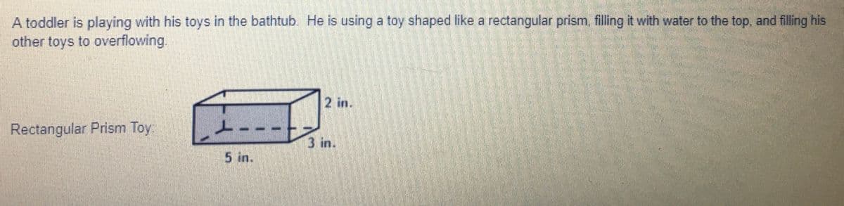 A toddler is playing with his toys in the bathtub. He is using a toy shaped like a rectangular prism, filling it with water to the top, and filling his
other toys to overflowing.
2 in.
Rectangular Prism Toy:
ト--.
3 in.
5 in.
