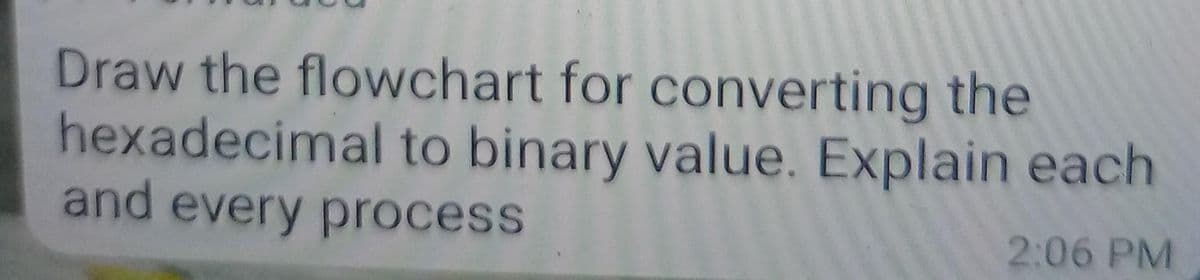 Draw the flowchart for converting the
hexadecimal to binary value. Explain each
and every process
2:06 PM