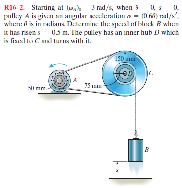 R16-2. Starting at (ma)o = 3 rad/s, when 0 = 0, s = 0,
pulley A is given an angular acceleration a = (0.60) rad/s²,
where 0 is in radians. Determine the speed of block B when
it has risen s = 0.5 m. The pulley has an inner hub D which
is fixed to C and turns with it.
150 mm
A
75 mm
50 mm
B.
