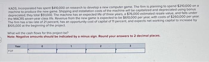 KADS, Incorporated has spent $410,000 on research to develop a new computer game. The firm is planning to spend $210,000 on a
machine to produce the new game. Shipping and installation costs of the machine will be capitalized and depreciated using bonus
depreciated; they total $51,000. The machine has an expected life of three years, a $76,000 estimated resale value, and falls under
the MACRS seven-year class life. Revenue from the new game is expected to be $610,000 per year, with costs of $260,000 per year.
The firm has a tax rate of 21 percent, has an opportunity cost of capital of 11 percent, and expects net working capital to increase by
$105,000 at the beginning of the project.
What will the cash flows for this project be?
Note: Negative amounts should be indicated by a minus sign. Round your answers to 2 decimal places.
FCF
Year
2
3
