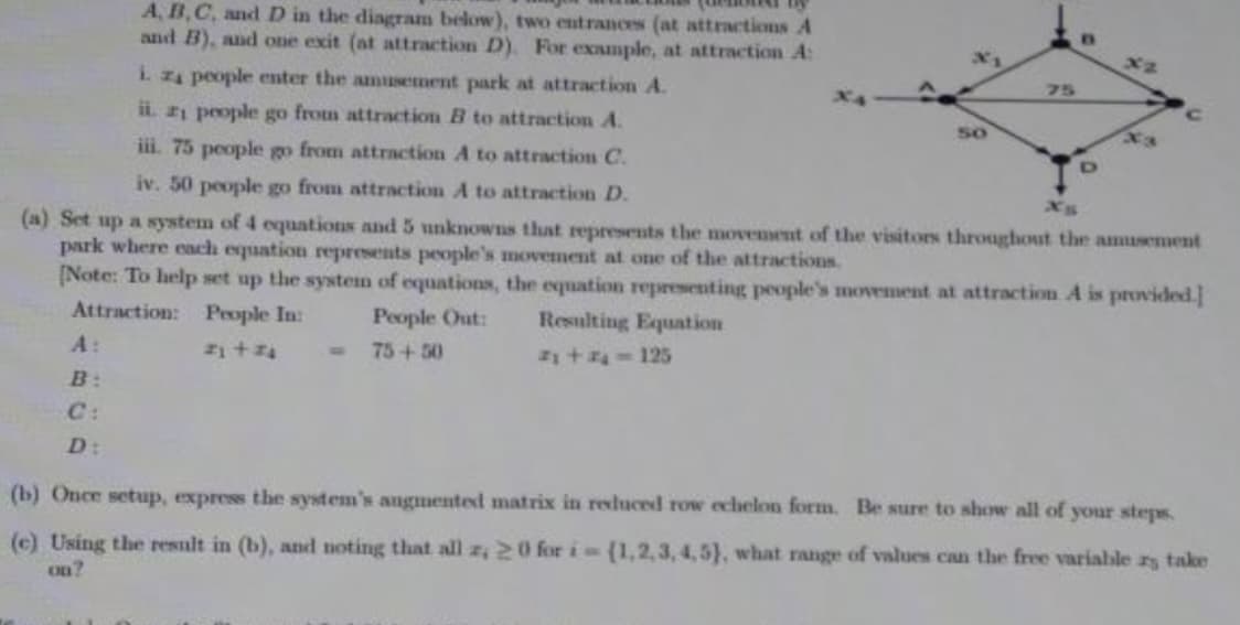 A, B, C, and D in the diagram below), two entrances (at attractions A
and B), and one exit (at attraction D). For example, at attraction A:
i. z, people enter the amusement park at attraction A.
ii. 21 people go from attraction B to attraction A.
iii. 75 people go from attraction A to attraction C.
iv. 50 people go from attraction A to attraction D.
(a) Set up a system of 4 equations and 5 unknowns that represents the movement of the visitors throughout the amusement
park where each equation represents people's movement at one of the attractions.
[Note: To help set up the system of equations, the equation representing people's movement at attraction A is provided.]
Attraction: People In:
Resulting Equation
People Out:
75+50
z1+z₁
21 +2₁-125
A:
B:
C:
D:
50
B
(b) Once setup, express the system's augmented matrix in reduced row echelon form. Be sure to show
your steps.
(c) Using the result in (b), and noting that all z, 20 for i-(1,2,3,4,5), what range of values can the free variable rs take
on?