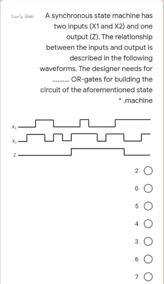 A synchronous state machine has
two inputs (X1 and X2) and one
نقطة واحدة
output (Z). The relationship
between the inputs and output is
described in the following
waveforms. The designer needs for
OR-gates for building the
circuit of the aforementioned state
* .machine
2 0
5 O
4
3 O
6 O
