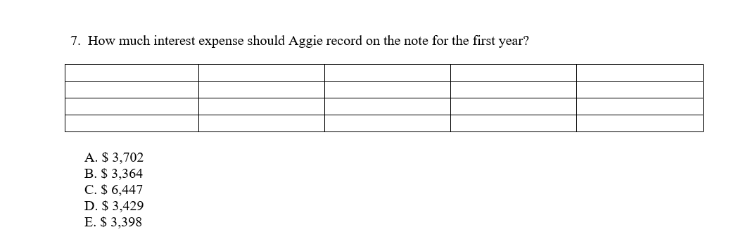 7. How much interest expense should Aggie record on the note for the first year?
A. $ 3,702
B. $ 3,364
C. $ 6,447
D. $ 3,429
E. $ 3,398
