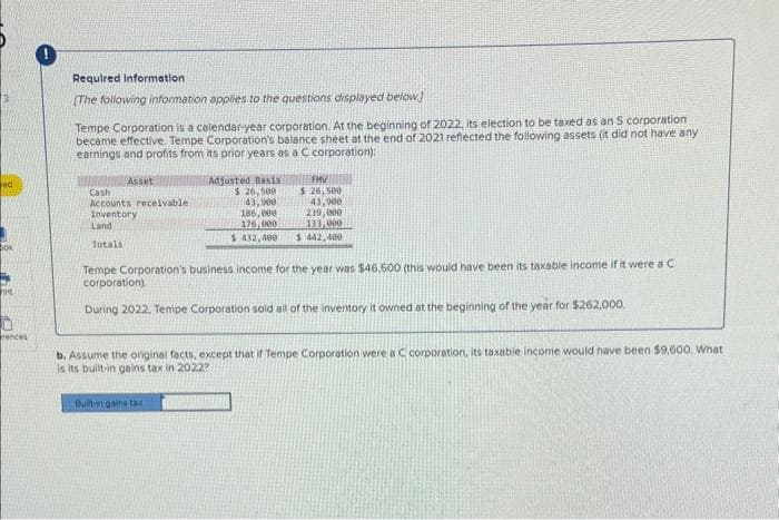 ed
rences
Required Information
[The following information applies to the questions displayed below]
Tempe Corporation is a calendar-year corporation. At the beginning of 2022, its election to be taxed as an S corporation
became effective. Tempe Corporation's balance sheet at the end of 2021 reflected the following assets (it did not have any
earnings and profits from its prior years as a C corporation)
Asset
Cash
Accounts receivable
Inventory
Land
Totals
Adjusted Basis
$ 26,500
43,000
186,000
176,000
$ 432,400
Built-in gains tax
FMV
$26,500
43,900
239,000
133,000
$442,400
Tempe Corporation's business income for the year was $46,500 (this would have been its taxable income if it were a C
corporation).
During 2022. Tempe Corporation sold all of the inventory it owned at the beginning of the year for $262.000.
b. Assume the original facts, except that if Tempe Corporation were a C corporation, its taxable income would have been $9,600. What
is its built-in gains tax in 2022?