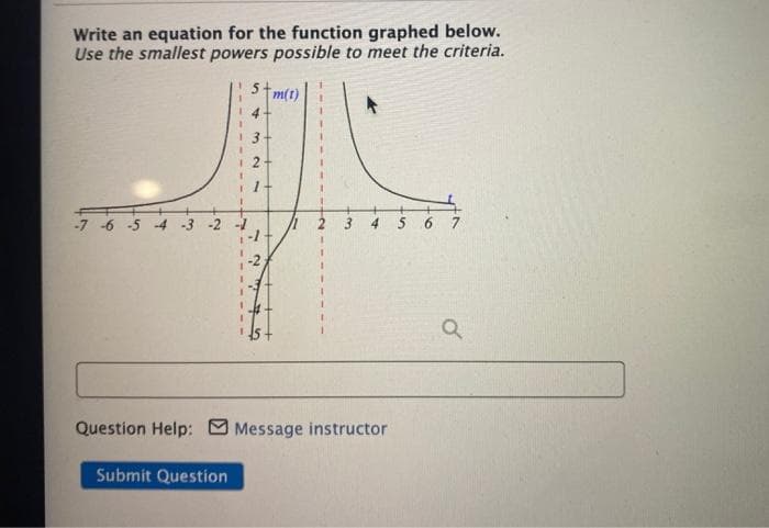 Write an equation for the function graphed below.
Use the smallest powers possible to meet the criteria.
m(t)
14
13
2-
-7 -6 -5 -4 -3
3.
7
1.
Question Help: Message instructor
Submit Question
2.
