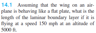 14.1 Assuming that the wing on an air-
plane is behaving like a flat plate, what is the
length of the laminar boundary layer if it is
flying at a speed 150 mph at an altitude of
5000 ft.
