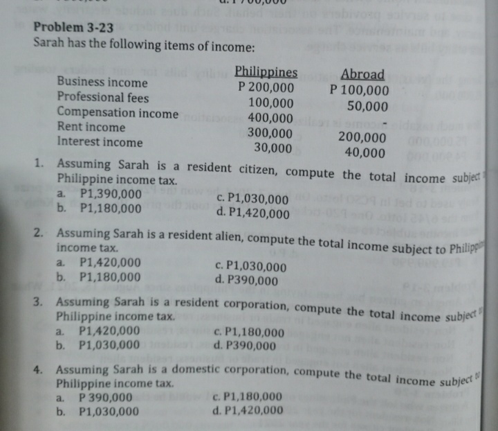 3. Assuming Sarah is a resident corporation, compute the total income subject
4. Assuming Sarah is a domestic corporation, compute the total income subject
Problem 3-23
Sarah has the following items of income:
Philippines
P 200,000
100,000
400,000
300,000
30,000
Abroad
P 100,000
50,000
Business income
Professional fees
Compensation income
Rent income
Interest income
200,000
40,000
1. Assuming Sarah is a resident citizen, compute the total income subject
Philippine income tax.
P1,390,000
b. P1,180,000
c. P1,030,000
d. P1,420,000
a.
2. Assuming Sarah is a resident alien, compute the total income subject to Philipp
income tax.
P1,420,000
b. P1,180,000
c. P1,030,000
d. P390,000
a.
Philippine income tax.
P1,420,000
b. P1,030,000
c. P1,180,000
d. P390,000
a.
Philippine income tax.
P 390,000
b. P1,030,000
c. P1,180,000
a.
d. P1,420,000
