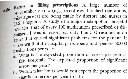 6.86 Errors in filling prescriptions A large number of
preventable errors (e.g., overdoses, botched operations,
are being made by doctors and nurses in
misdiagnoses)
U.S. hospitals. A study of a major metropolitan hospital
revealed that of every 100 medications prescribed or dis-
pensed, 1 was in error, but only 1 in 500 resulted in an
error that caused significant problems for the patient. It
is known that the hospital prescribes and dispenses 60,000
medications per year.
a. What is the expected proportion of errors per year at
this hospital? The expected proportion of significant
errors per year?
b. Within what limits would you expect the proportion of
significant errors per year to fall?