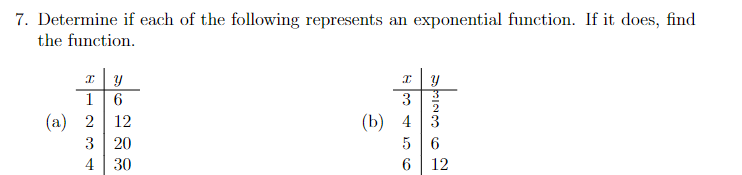 7. Determine if each of the following represents an exponential function. If it does, find
the function.
I
1
Y
6
(a) 2
12
3
20
4
30
I
Y
3
(b) 4
5
6
6
12