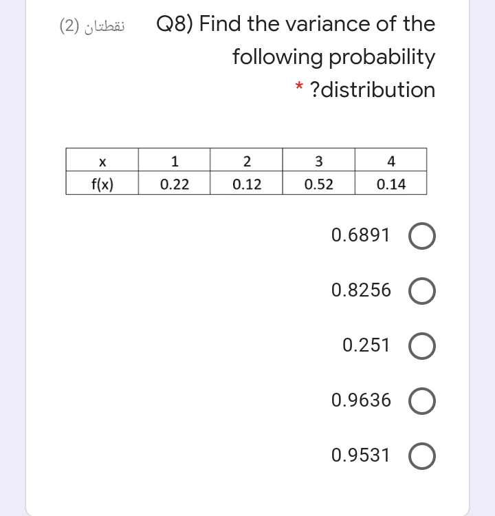 نقطتان )2(
Q8) Find the variance of the
following probability
* ?distribution
1
2
4
f(x)
0.22
0.12
0.52
0.14
0.6891 O
0.8256 O
0.251 O
0.9636 O
0.9531 O
