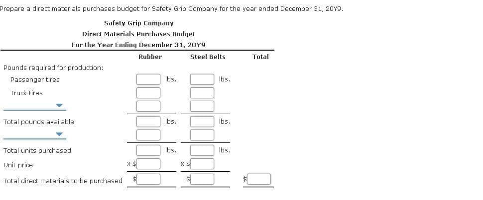 Prepare a direct materials purchases budget for Safety Grip Company for the year ended December 31, 20Y9.
Safety Grip Company
Direct Materials Purchases Budget
For the Year Ending December 31, 20Y9
Rubber
Steel Belts
Total
Pounds required for production:
Passenger tires
Ibs.
Ibs.
Truck tires
Total pounds available
Ibs.
Ibs.
Total units purchased
Ibs.
Ibs.
Unit price
Total direct materials to be purchased
$
