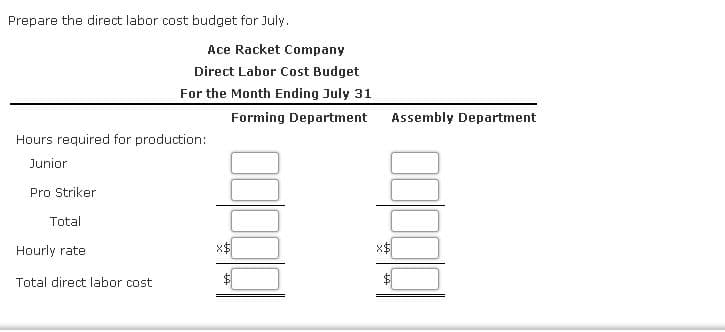 Prepare the direct labor cost budget for July.
Ace Racket Company
Direct Labor Cost Budget
For the Month Ending July 31
Forming Department
Assembly Department
Hours required for production:
Junior
Pro Striker
Total
Hourly rate
Total direct labor cost
