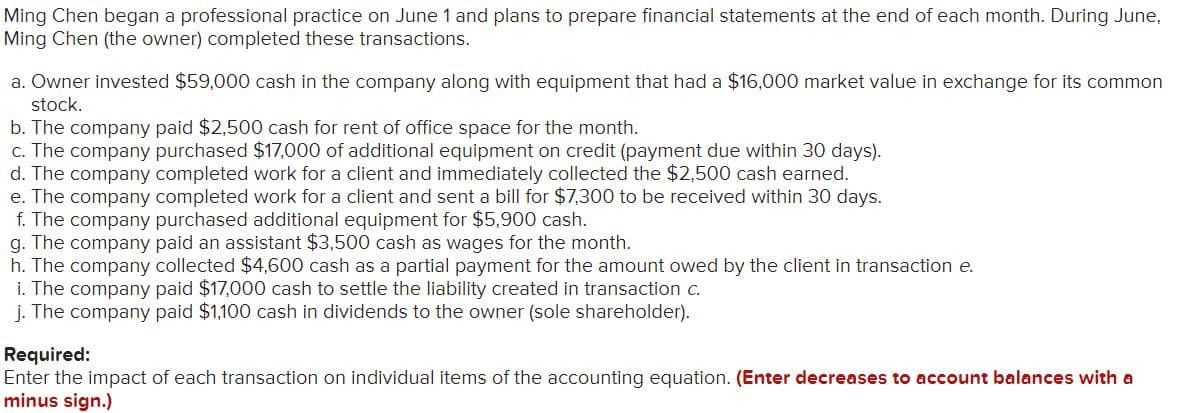 Ming Chen began a professional practice on June 1 and plans to prepare financial statements at the end of each month. During June,
Ming Chen (the owner) completed these transactions.
a. Owner invested $59,000 cash in the company along with equipment that had a $16,000 market value in exchange for its common
stock.
b. The company paid $2,500 cash for rent of office space for the month.
c. The company purchased $17,000 of additional equipment on credit (payment due within 30 days).
d. The company completed work for a client and immediately collected the $2,500 cash earned.
e. The company completed work for a client and sent a bill for $7,300 to be received within 30 days.
f. The company purchased additional equipment for $5,900 cash.
g. The company paid an assistant $3,500 cash as wages for the month.
h. The company collected $4,600 cash as a partial payment for the amount owed by the client in transaction e.
i. The company paid $17,000 cash to settle the liability created in transaction c.
j. The company paid $1,100 cash in dividends to the owner (sole shareholder).
Required:
Enter the impact of each transaction on individual items of the accounting equation. (Enter decreases to account balances with a
minus sign.)
