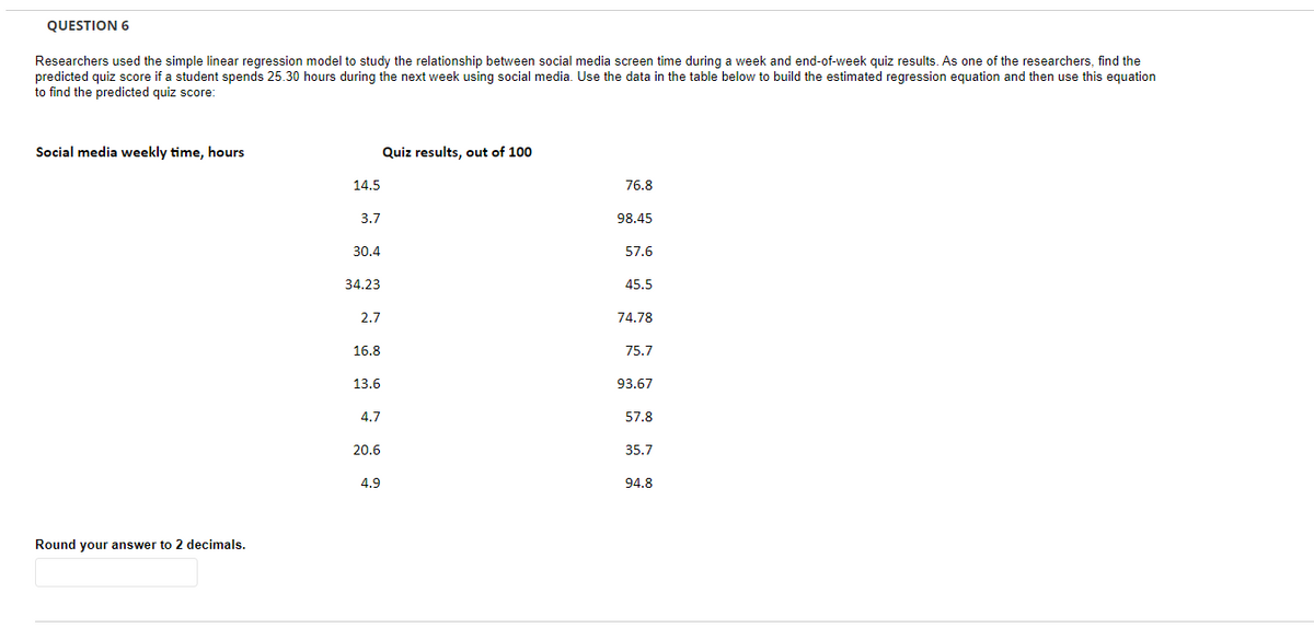 QUESTION 6
Researchers used the simple linear regression model to study the relationship between social media screen time during a week and end-of-week quiz results. As one of the researchers, find the
predicted quiz score if a student spends 25.30 hours during the next week using social media. Use the data in the table below to build the estimated regression equation and then use this equation
to find the predicted quiz score:
Social media weekly time, hours
Round your answer to 2 decimals.
14.5
3.7
30.4
34.23
2.7
16.8
13.6
4.7
20.6
Quiz results, out of 100
4.9
76.8
98.45
57.6
45.5
74.78
75.7
93.67
57.8
35.7
94.8