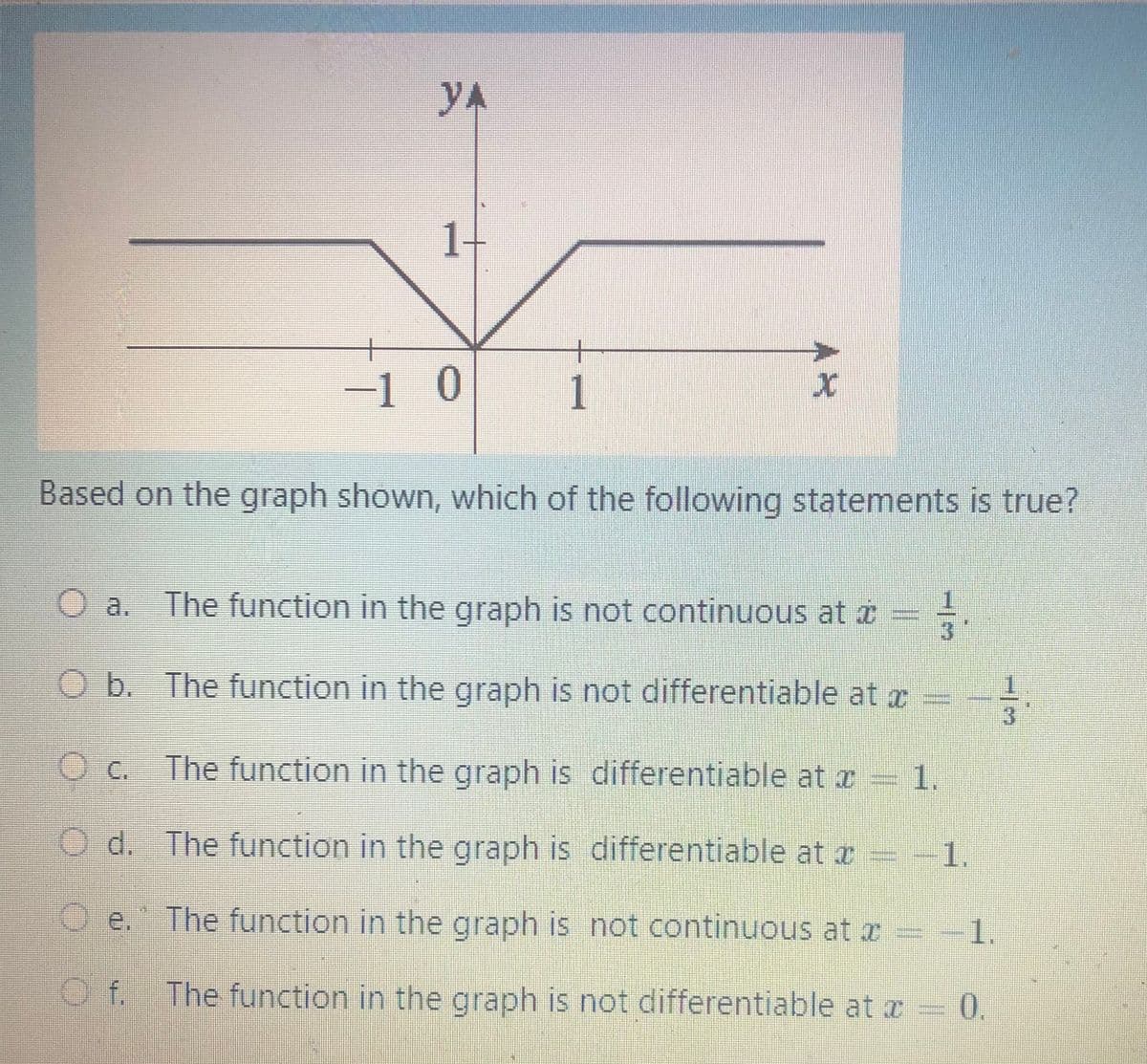 УА
1-
-1 0 1
X
Based on the graph shown, which of the following statements is true?
( a.
The function in the graph is not continuous at
Ob. The function in the graph is not differentiable at a =
133
OC. The function in the graph is
differentiable at x = 1
1.
Od.
The function in the graph is
differentiable at x = −1
O e.
The function in the graph is not continuous at a
1.
Of.
The function in the graph is not differentiable at x = 0.
3