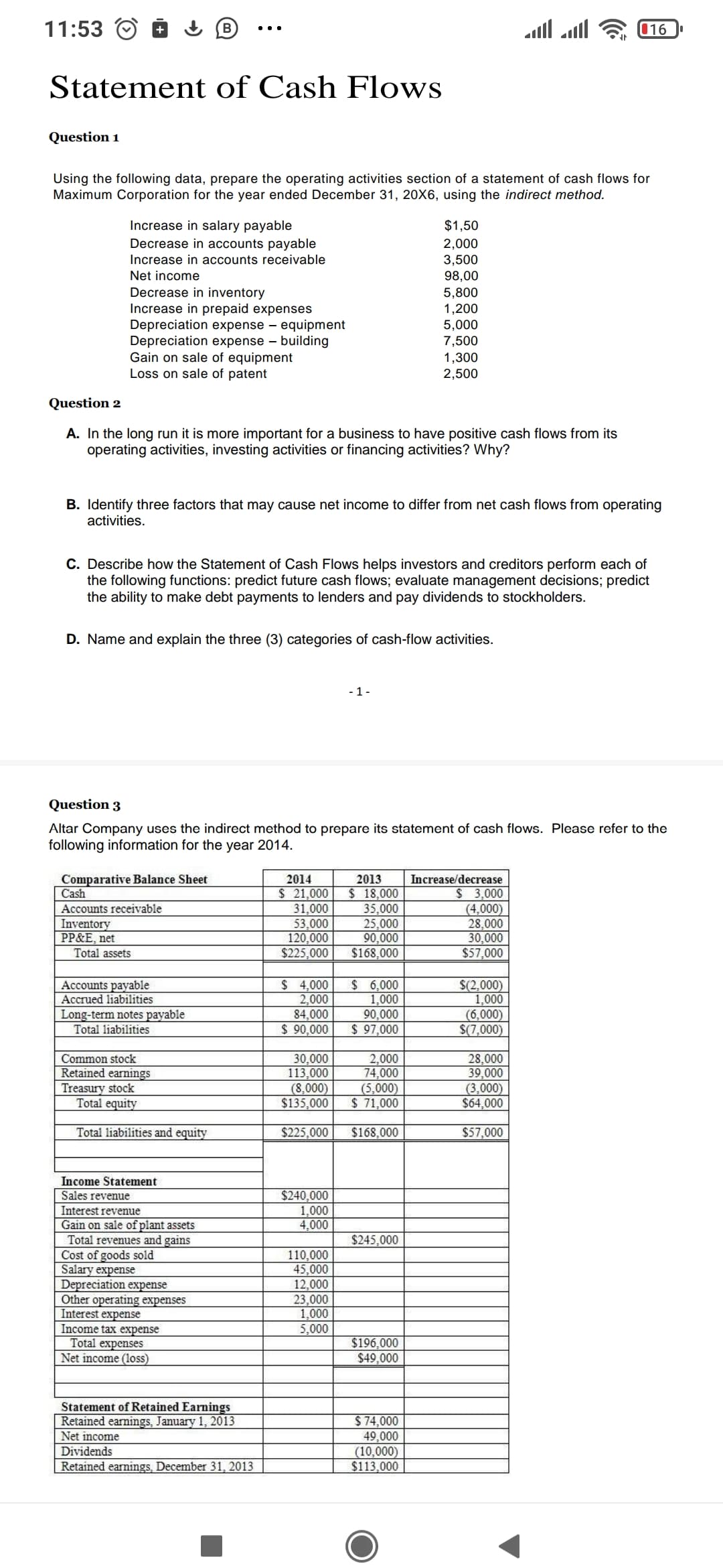 11:53
Statement of Cash Flows
Question 1
Increase in salary payable
Decrease in accounts payable
Increase in accounts receivable
Net income
Using the following data, prepare the operating activities section of a statement of cash flows for
Maximum Corporation for the year ended December 31, 20X6, using the indirect method.
Decrease in inventory
Increase in prepaid expenses
Depreciation expense - equipment
Depreciation expense building
Gain on sale of equipment
Loss on sale of patent
B
Question 2
A. In the long run it is more important for a business to have positive cash flows from its
operating activities, investing activities or financing activities? Why?
B. Identify three factors that may cause net income to differ from net cash flows from operating
activities.
D. Name and explain the three (3) categories of cash-flow activities.
Comparative Balance Sheet
Cash
Accounts receivable
Inventory
PP&E, net
C. Describe how the Statement of Cash Flows helps investors and creditors perform each of
the following functions: predict future cash flows; evaluate management decisions; predict
the ability to make debt payments to lenders and pay dividends to stockholders.
Total assets
Accounts payable
Accrued liabilities
Long-term notes payable
Total liabilities
Question 3
Altar Company uses the indirect method to prepare its statement of cash flows. Please refer to the
following information for the year 2014.
Common stock
Retained earnings
Treasury stock
Total equity
Total liabilities and equity
Income Statement
Sales revenue
Interest revenue
Gain on sale of plant assets
Total revenues and gains
Cost of goods sold
Salary expense
Depreciation expense
Other operating expenses
Interest expense
Income tax expense
Total expenses
Net income (loss)
Statement of Retained Earnings
Retained earnings, January 1, 2013
Net income
Dividends
Retained earnings, December 31, 2013
-1-
2014
$ 21,000
31,000
53,000
120,000
$225,000 $168,000
$ 4,000 $ 6,000
2,000
1,000
90,000
84,000
$ 90,000
$ 97,000
$240,000
1,000
4,000
2013
$ 18,000
35,000
25,000
90,000
30,000
113,000
(8,000) (5,000)
$135,000
$ 71,000
$225,000
110,000
45,000
12,000
23,000
1,000
5,000
2,000
74,000
$1,50
2,000
3,500
98,00
5,800
1,200
5,000
7,500
1,300
2,500
$168,000
$245,000
$196,000
$49,000
$ 74,000
49,000
(10,000)
$113,000
الله
Increase/decrease
$ 3.000
(4,000)
28,000
30,000
$57,000
16
$(2,000)
1,000
(6,000)
$(7,000)
28,000
39,000
(3,000)
$64,000
$57,000