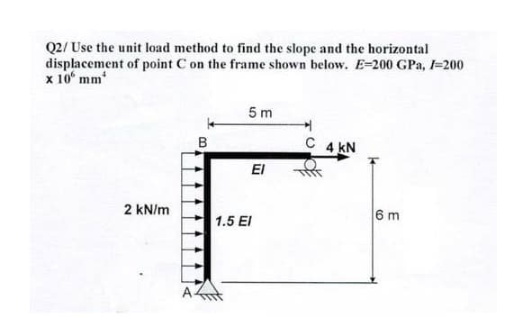 Q2/ Use the unit load method to find the slope and the horizontal
displacement of point C on the frame shown below. E=200 GPa, I=200
x 10 mm
5 m
B
C 4 KN
El
2 kN/m
6 m
1.5 EI
A-
