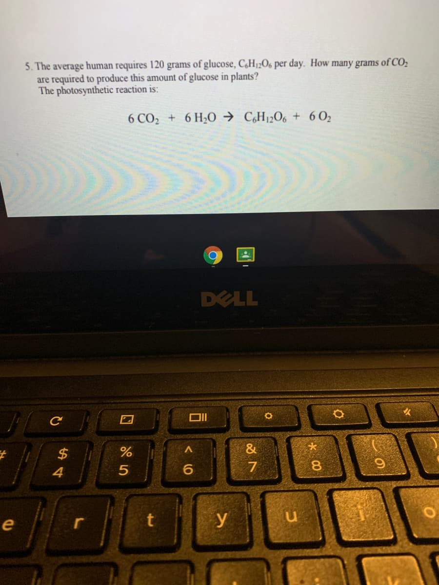 5. The average human requires 120 grams of glucose, C,H12O6 per day. How many grams of CO2
are required to produce this amount of glucose in plants?
The photosynthetic reaction is:
6 CO2 + 6 H20 → C,H12O6 + 6 O2
DELL
$
&
7
8.
e
y
