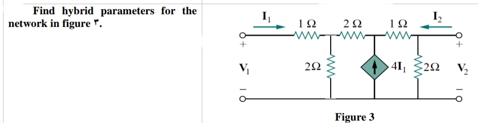 Find hybrid parameters for the
network in figure *.
+
V₁
οι
1Ω
2Ω
ww
2 Ω
ΤΩ
www ww
41
Figure 3
www
I,
+
ΖΩ V