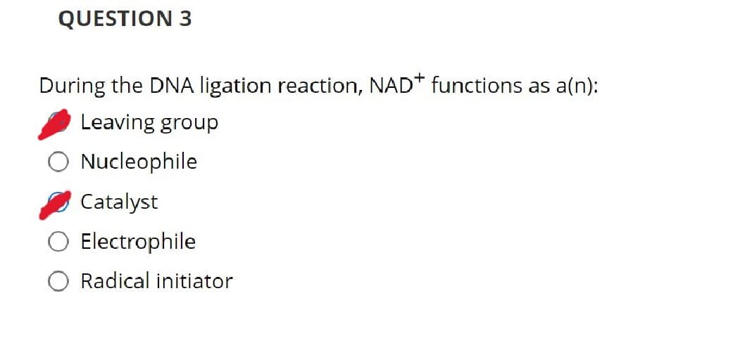 QUESTION 3
During the DNA ligation reaction, NAD+ functions as a(n):
Leaving group
Nucleophile
Catalyst
Electrophile
Radical initiator