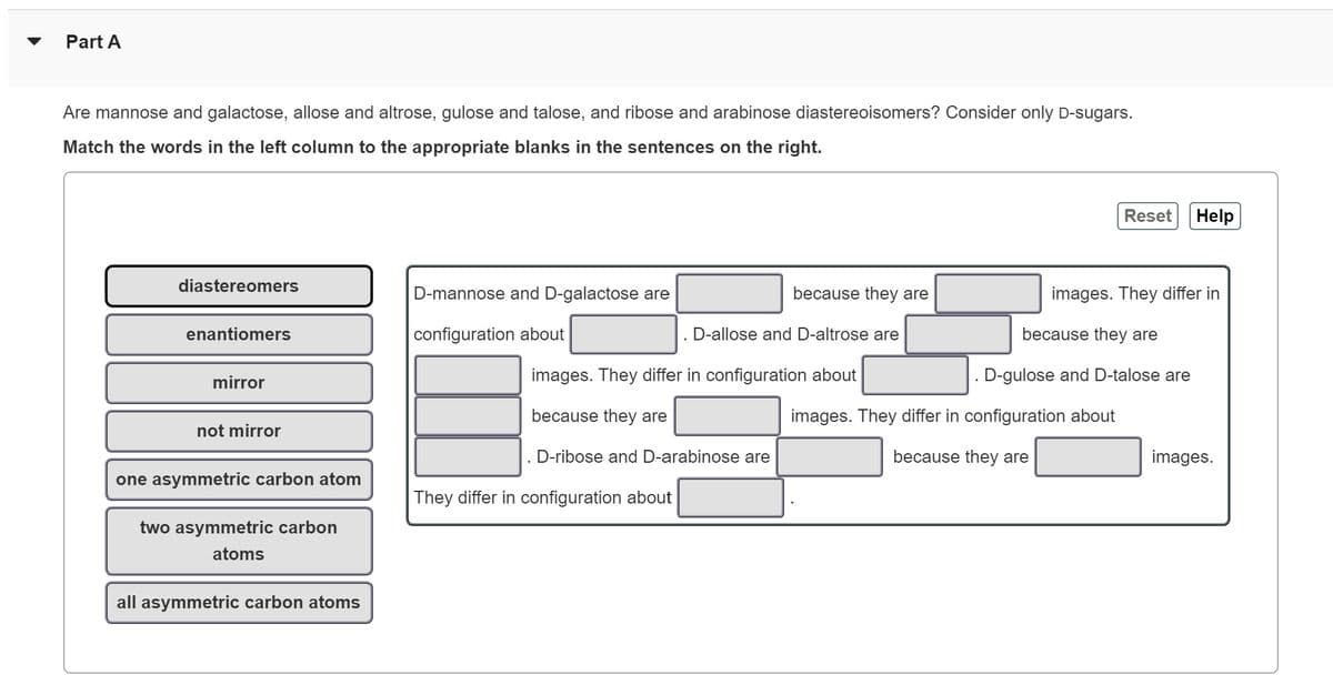 Part A
Are mannose and galactose, allose and altrose, gulose and talose, and ribose and arabinose diastereoisomers? Consider only D-sugars.
Match the words in the left column to the appropriate blanks in the sentences on the right.
diastereomers
enantiomers
mirror
not mirror
one asymmetric carbon atom
two asymmetric carbon
atoms
all asymmetric carbon atoms
D-mannose and D-galactose are
configuration about
because they are
They differ in configuration about
D-allose and D-altrose are
images. They differ in configuration about
because they are
D-ribose and D-arabinose are
Reset Help
images. They differ in
because they are
. D-gulose and D-talose are
images. They differ in configuration about
because they are
images.