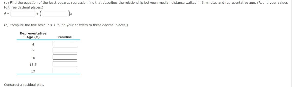 (b) Find the equation of the least-squares regression line that describes the relationship between median distance walked in 6 minutes and representative age. (Round your values
to three decimal places.)
+
ŷ
=
(c) Compute the five residuals. (Round your answers to three decimal places.)
Representative
Age (x)
4
7
10
13.5
17
Construct a residual plot.
Residual