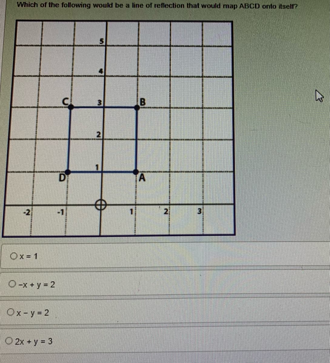 Which of the following would be a line of reflection that would map ABCD onto itself?
3
2
D
Ox=1
O-x+y = 2
Ox-y=2
O2x +y = 3
21
