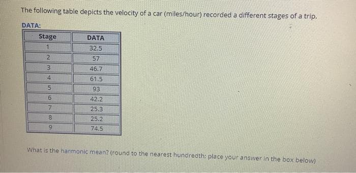 The following table depicts the velocity of a car (miles/hour) recorded a different stages of a trip.
DATA:
Stage
DATA
1.
32.5
2
57
46.7
4
61.5
93
42.2
25.3
8
25.2
74.5
What is the harmonic mean? (round to the nearest hundredth: place your answer in the box below)
6 7 co
