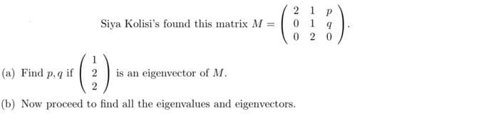 Siya Kolisi's found this matrix M =
(a) Find p, q if
(1)
2
(b) Now proceed to find all the eigenvalues and eigenvectors.
21 P
01 q
020
2 is an eigenvector of M.