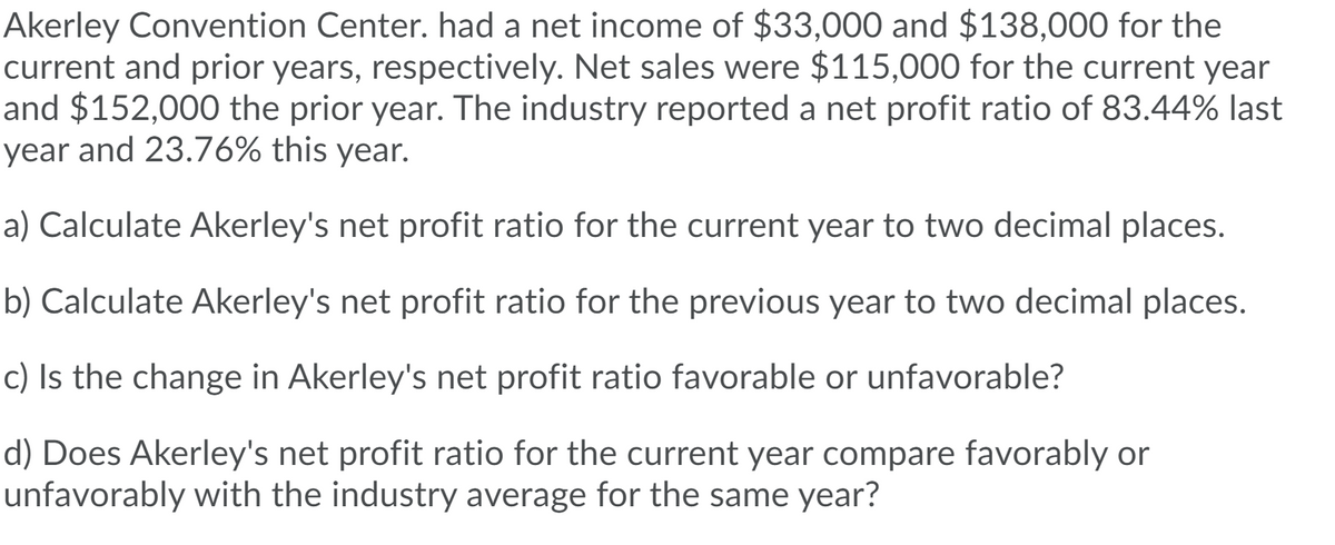 Akerley Convention Center. had a net income of $33,000 and $138,000 for the
current and prior years, respectively. Net sales were $115,000 for the current year
and $152,000 the prior year. The industry reported a net profit ratio of 83.44% last
year and 23.76% this year.
a) Calculate Akerley's net profit ratio for the current year to two decimal places.
b) Calculate Akerley's net profit ratio for the previous year to two decimal places.
c) Is the change in Akerley's net profit ratio favorable or unfavorable?
d) Does Akerley's net profit ratio for the current year compare favorably or
unfavorably with the industry average for the same year?
