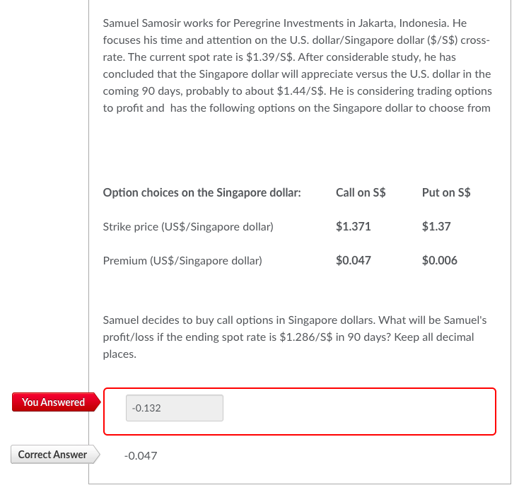 You Answered
Correct Answer
Samuel Samosir works for Peregrine Investments in Jakarta, Indonesia. He
focuses his time and attention on the U.S. dollar/Singapore dollar ($/S$) cross-
rate. The current spot rate is $1.39/S$. After considerable study, he has
concluded that the Singapore dollar will appreciate versus the U.S. dollar in the
coming 90 days, probably to about $1.44/S$. He is considering trading options
to profit and has the following options on the Singapore dollar to choose from
Option choices on the Singapore dollar:
Strike price (US$/Singapore dollar)
Premium (US$/Singapore dollar)
-0.132
Call on S$
-0.047
$1.371
$0.047
Put on S$
$1.37
Samuel decides to buy call options in Singapore dollars. What will be Samuel's
profit/loss if the ending spot rate is $1.286/S$ in 90 days? Keep all decimal
places.
$0.006