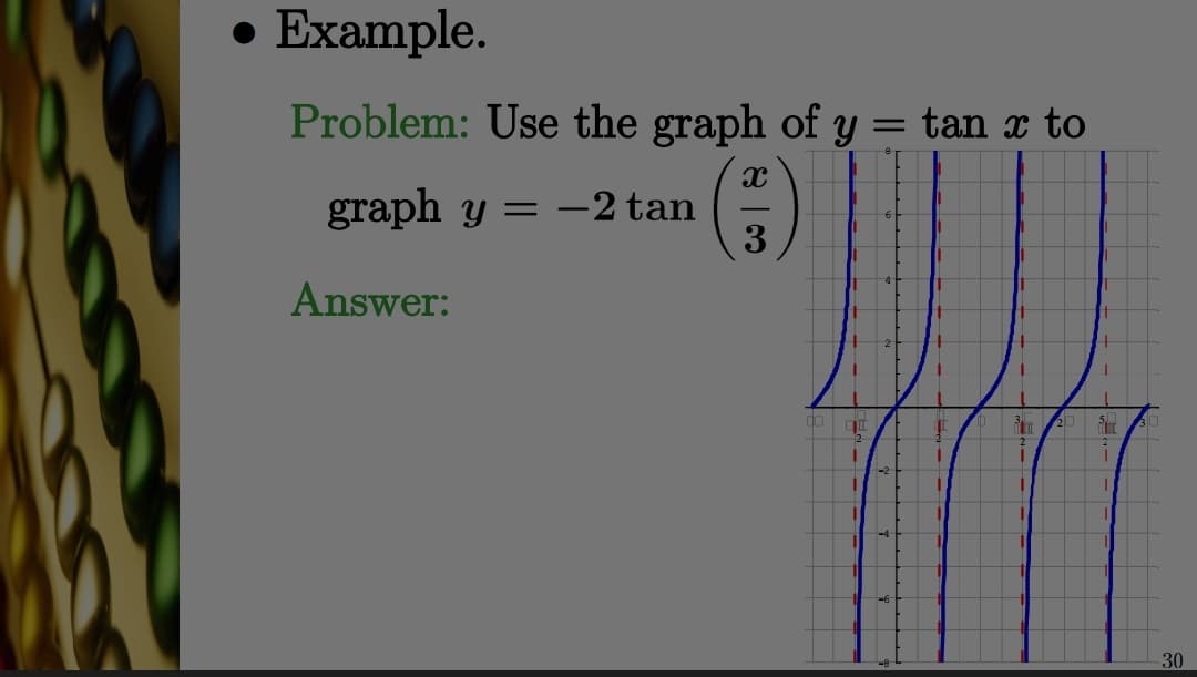 • Example.
Problem: Use the graph of y = tan x to
graph y
-2 tan
3
Answer:
2
30
