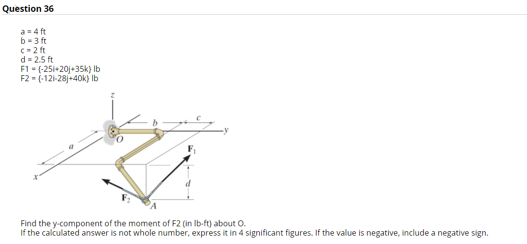 Question 36
a = 4 ft
b = 3 ft
C = 2 ft
d = 2.5 ft
F1 = {-25i+20j+35k} lb
F2 = {-12i-28j+40k} lb
F
Find the y-component of the moment of F2 (in Ib-ft) about O.
If the calculated answer is not whole number, express it in 4 significant figures. If the value is negative, include a negative sign.
