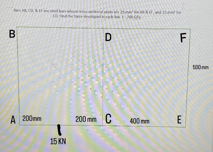 Bars AB, CD, & EF are steel bars whose cross-sectional areas are 25 mm² for AB & EF, and 15 mm² for
CD. Find the force developed in each bar. E= 200 GPa.
B
D
F
A 200mm
200 mm C
15 KN
400 mm
E
500 mm