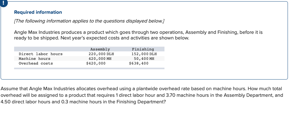 Required information
[The following information applies to the questions displayed below.]
Angle Max Industries produces a product which goes through two operations, Assembly and Finishing, before it is
ready to be shipped. Next year's expected costs and activities are shown below.
Direct labor hours
Machine hours.
Overhead costs.
Assembly
220,000 DLH
420,000 MH
$420,000
Finishing
152,000 DLH
50,400 MH
$638,400
Assume that Angle Max Industries allocates overhead using a plantwide overhead rate based on machine hours. How much total
overhead will be assigned to a product that requires 1 direct labor hour and 3.70 machine hours in the Assembly Department, and
4.50 direct labor hours and 0.3 machine hours in the Finishing Department?