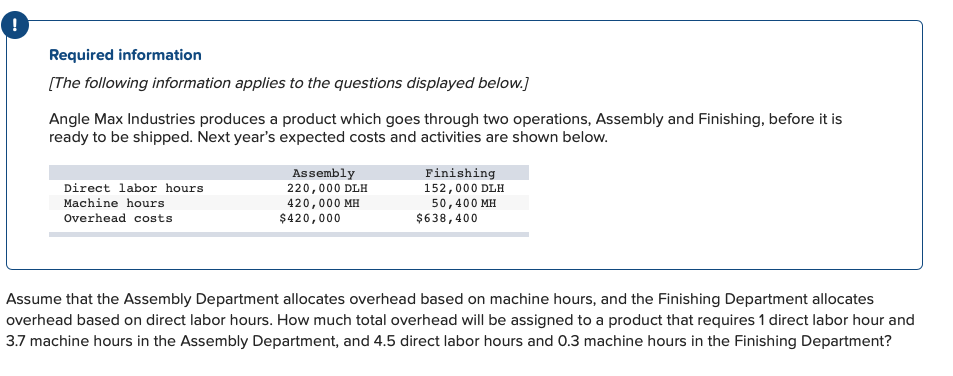 !
Required information
[The following information applies to the questions displayed below.]
Angle Max Industries produces a product which goes through two operations, Assembly and Finishing, before it is
ready to be shipped. Next year's expected costs and activities are shown below.
Direct labor hours
Machine hours
Overhead costs
Assembly
220,000 DLH
420,000 MH
$420,000
Finishing
152,000 DLH
50, 400 MH
$638,400
Assume that the Assembly Department allocates overhead based on machine hours, and the Finishing Department allocates
overhead based on direct labor hours. How much total overhead will be assigned to a product that requires 1 direct labor hour and
3.7 machine hours in the Assembly Department, and 4.5 direct labor hours and 0.3 machine hours in the Finishing Department?