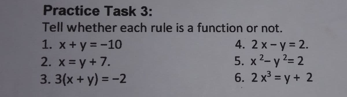 Practice Task 3:
Tell whether each rule is a function or not.
1. x+y = -10
2. x = y +7.
3. 3(x + y) = -2
4. 2 x-y = 2.
5. x2-у?-2
6. 2x³ = y + 2
%3D
%3
%3D
