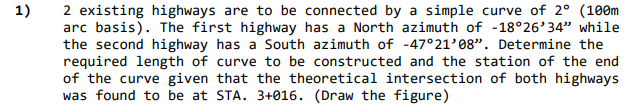 2 existing highways are to be connected by a simple curve of 2° (100m
arc basis). The first highway has a North azimuth of -18°26'34" while
the second highway has a South azimuth of -47°21'08". Determine the
required length of curve to be constructed and the station of the end
of the curve given that the theoretical intersection of both highways
was found to be at STA. 3+016. (Draw the figure)
1)
