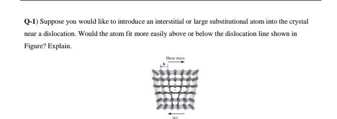 Q-1) Suppose you would like to introduce an interstitial or large substitutional atom into the crystal
near a dislocation. Would the atom fit more easily above or below the dislocation line shown in
Figure? Explain.
Shear stress
