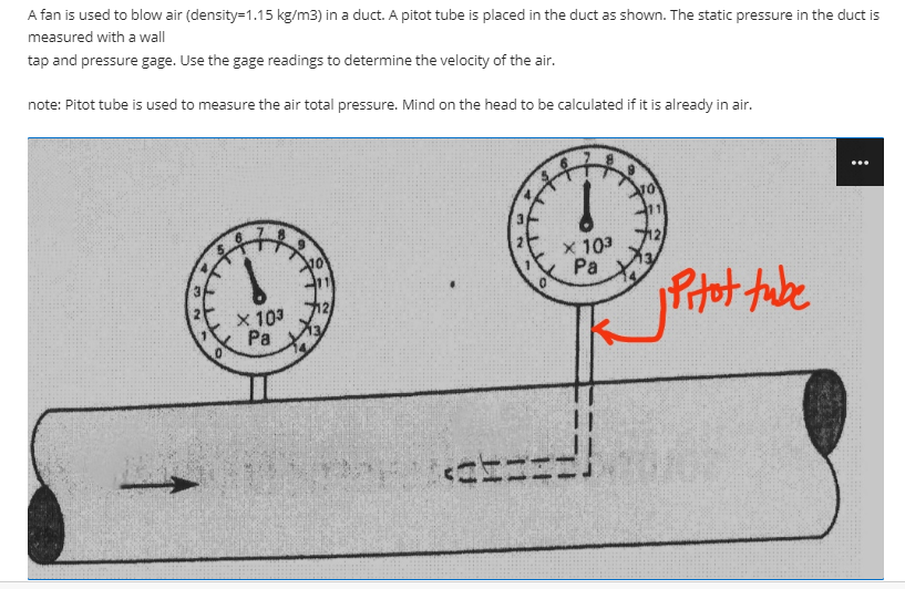 A fan is used to blow air (density=1.15 kg/m3) in a duct. A pitot tube is placed in the duct as shown. The static pressure in the duct is
measured with a wall
tap and pressure gage. Use the gage readings to determine the velocity of the air.
note: Pitot tube is used to measure the air total pressure. Mind on the head to be calculated if it is already in air.
x 103
Pa
Ptot tabe
12
x 103
Pa
