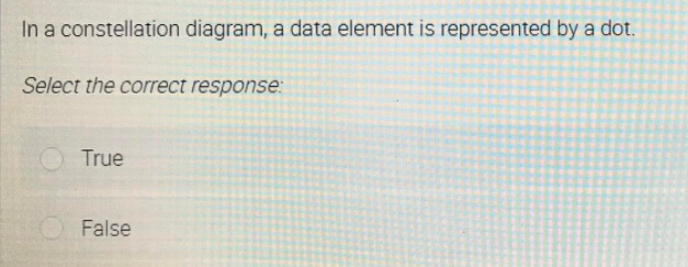 In a constellation diagram, a data element is represented by a dot.
Select the correct response:
True
False
