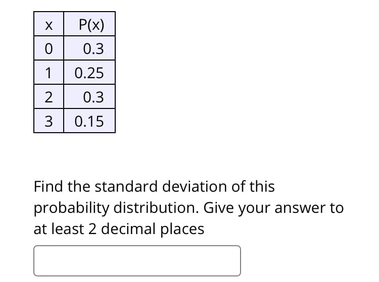 P(x)
0.3
0.25
0.3
3 0.15
Find the standard deviation of this
probability distribution. Give your answer to
at least 2 decimal places
