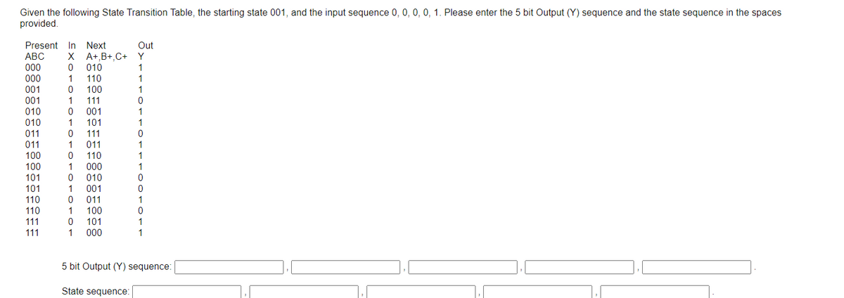 Given the following State Transition Table, the starting state 001, and the input sequence 0, 0, 0, 0, 1. Please enter the 5 bit Output (Y) sequence and the state sequence in the spaces
provided.
Present In
Next
Out
АВС
X A+,B+,C+
Y
000
010
1
00
1
110
1
001
100
1
001
1
111
010
001
1
010
1
101
1
011
111
011
1
011
100
110
1
100
00
1
101
010
101
001
110
011
1
110
1
100
111
101
1
111
1
00
1
5 bit Output (Y) sequence:
State sequence:
