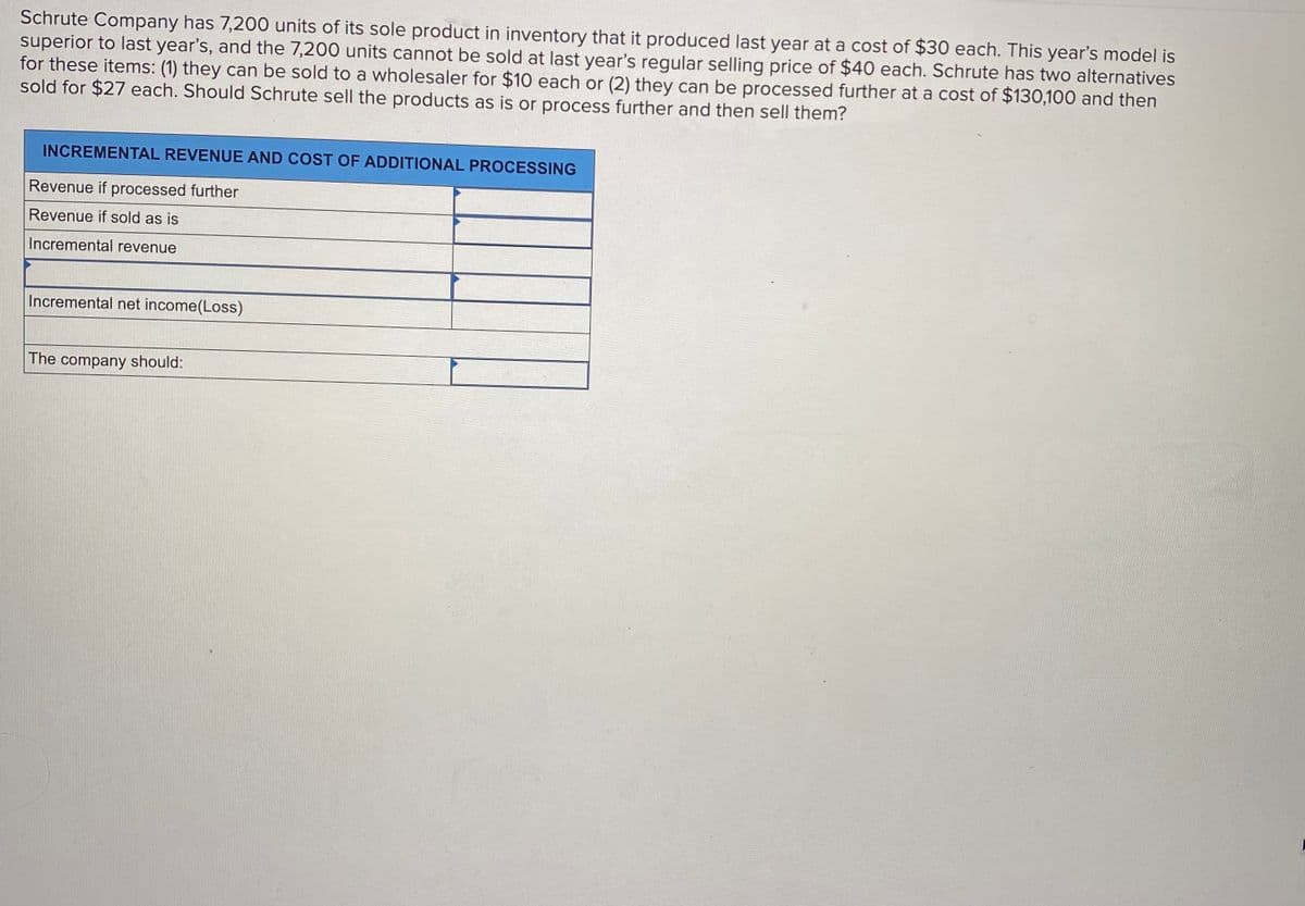 Schrute Company has 7,200 units of its sole product in inventory that it produced last year at a cost of $30 each. This year's model is
superior to last year's, and the 7,200 units cannot be sold at last year's regular selling price of $40 each. Schrute has two alternatives
for these items: (1) they can be sold to a wholesaler for $10 each or (2) they can be processed further at a cost of $130,100 and then
sold for $27 each. Should Schrute sell the products as is or process further and then sell them?
INCREMENTAL REVENUE AND COST OF ADDITIONAL PROCESSING
Revenue if processed further
Revenue if sold as is
Incremental revenue
Incremental net income(Loss)
The company should:
